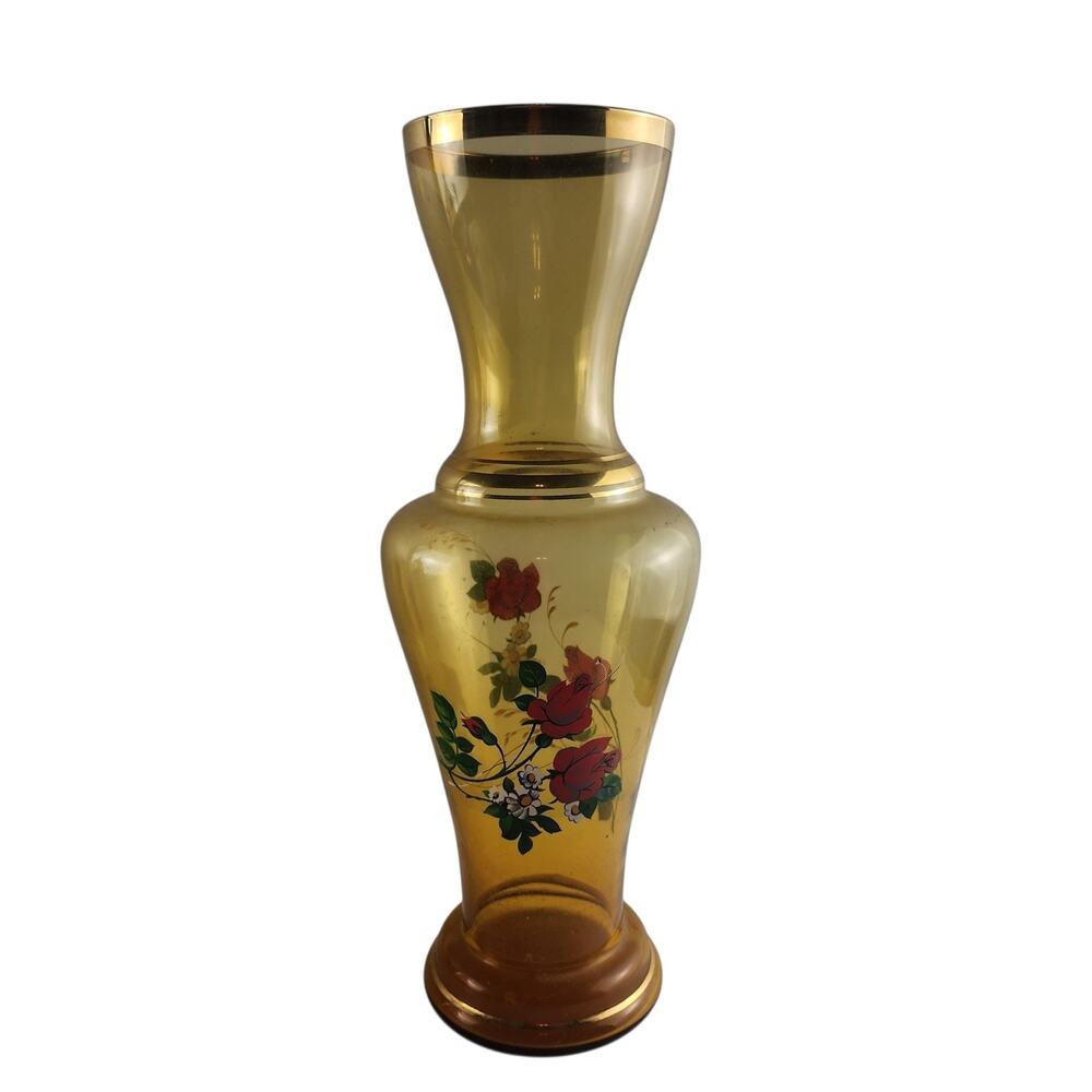 VTG Tall "17" Amber Glass Vase Hand-Painted Florals Gold Accents Bohemian Style